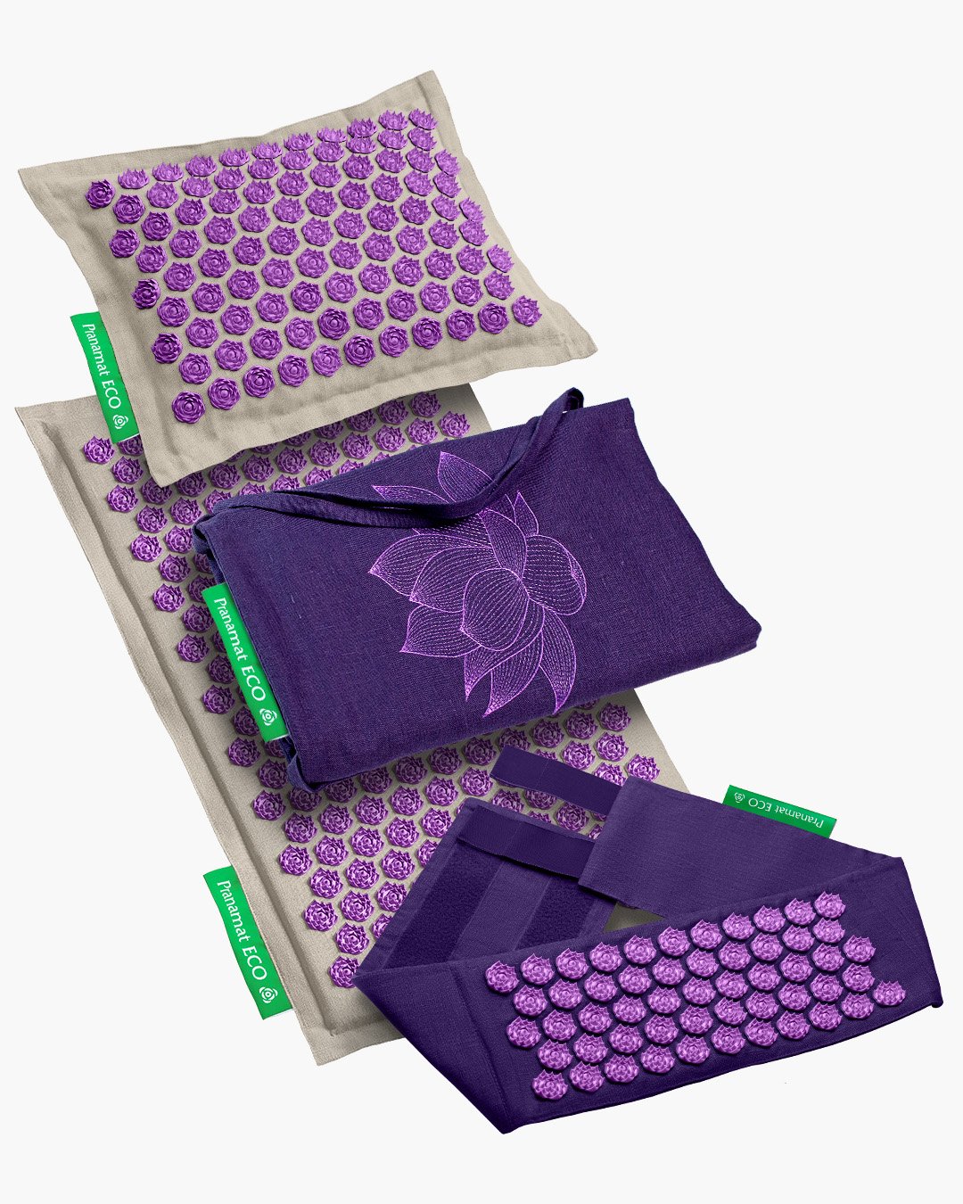 Pranamat Set (Matte + Kissen + XL Tasche + Gürtel) Natur & Violett